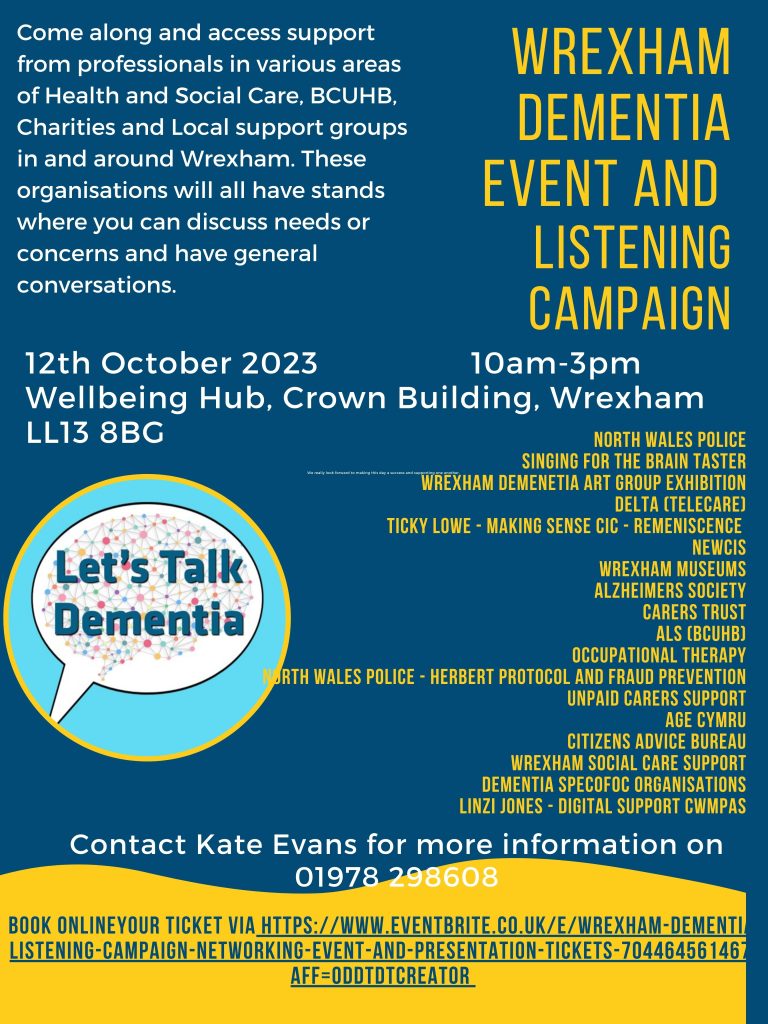 Wrexham Dementia Community Listening event at the Wellbeing Hub booking information