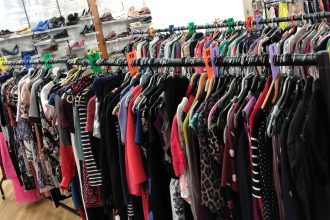 Clothes rails at Wrexham Clothing Exchange