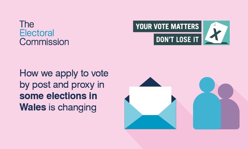 Colourful icons representing a piece of paper in an envelope and two people in silhouette. Text stating “How we apply to vote by post or proxy in some elections in Wales is changing”.