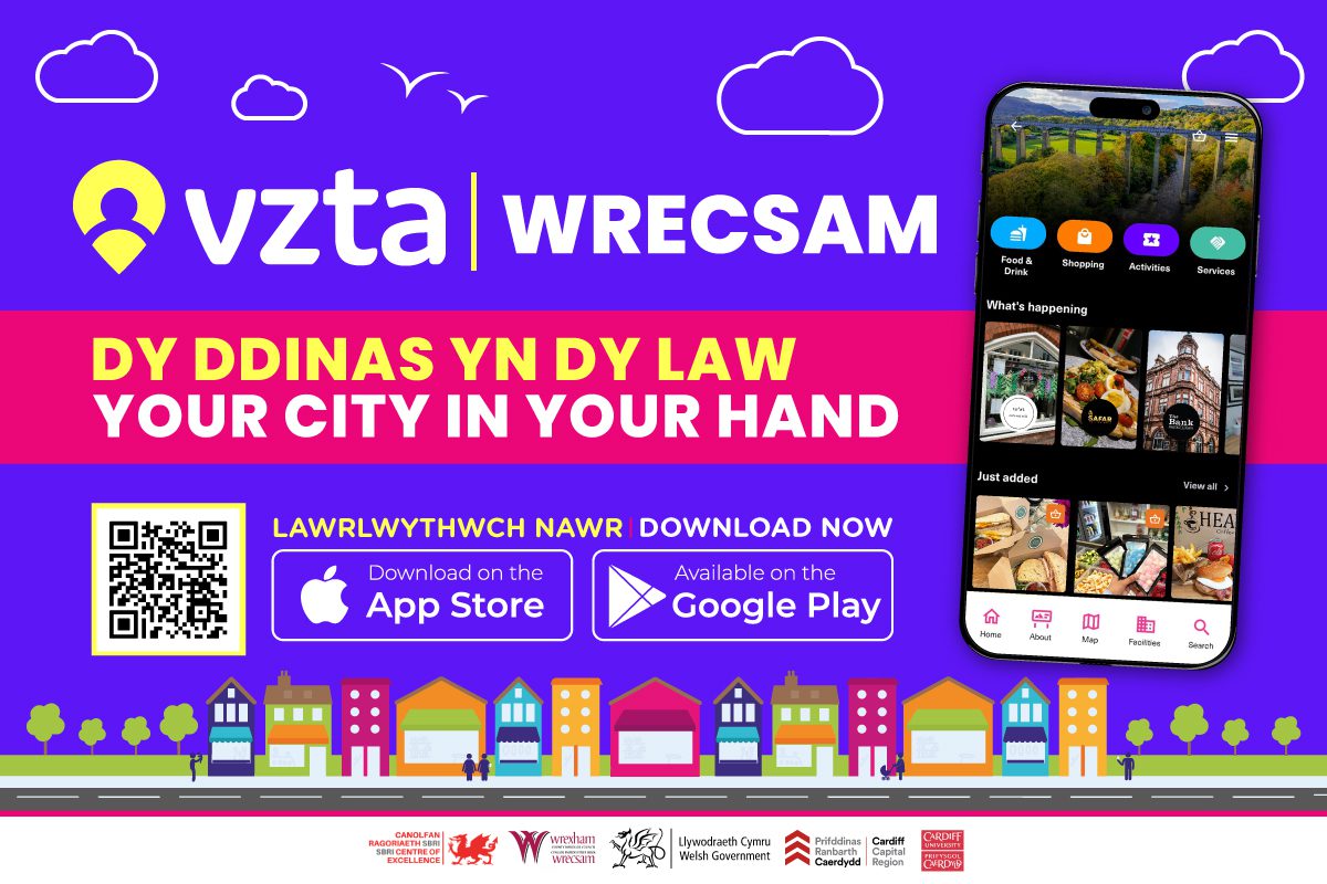 VZTA Wrexham - the Wrexham city centre app. Your city in your hand. Download now on the App Store or Google Play.