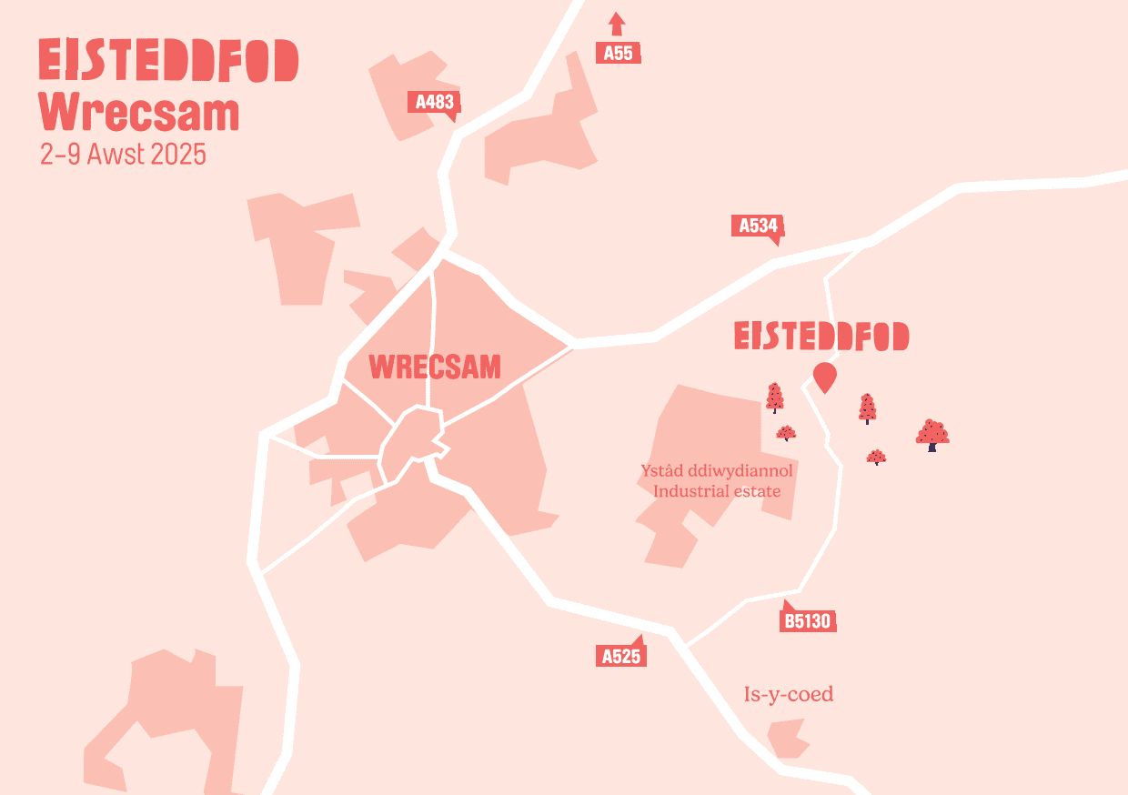 Map lleoliad Eisteddfod Wrecsam yn dangos Is-Y-Coed . Wrexham Eisteddfod location map showing Isycoed