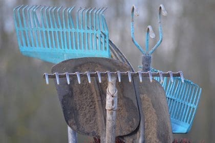 Gardening tools including rakes and shovels