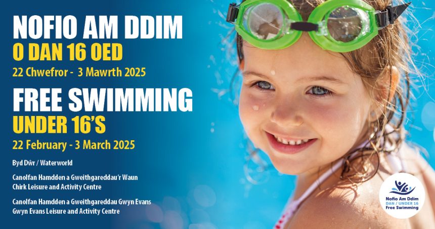 Waterworld Dydd Mercher / Wednesday 12:00-13:00 Dydd Sadwrn / Saturday 15:00-16:00 Dydd Gwener / Friday 13:00-14:00 (Nofio i'r Teulu/Family Swim) Gwyn Evans Dydd Mawrth / Tuesday 14:00-15:00 Dydd Sul / Sunday 13:00-14:00 Dydd Iau / Thursday 14:00-15:00 (Nofio i'r Teulu/Family Swim) Chirk Dydd Sul / Sunday 13:00-14:00 Dydd Llun / Monday 11:00-12:00 (Offer Gwynt/Inflatable) Dydd Gwener / Friday 13:00-14:00 (Nofio i'r Teulu, Fflotiau a Rafftiau/Family Swim, Floats and Rafts)