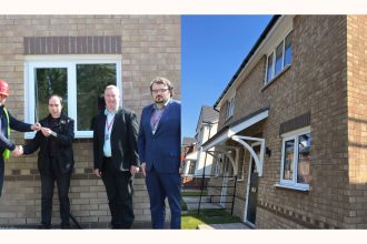 ON the left of the image is the Managing Director of Gower Homes, to his right is Councillor Paul Blackwell, and then two Housing Officers. This Image is a collage image, so at the right of the image inclyde a photograph of the exterior of the home that the article is referring to