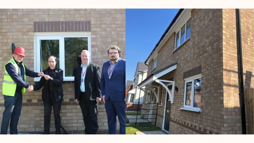 ON the left of the image is the Managing Director of Gower Homes, to his right is Councillor Paul Blackwell, and then two Housing Officers. This Image is a collage image, so at the right of the image inclyde a photograph of the exterior of the home that the article is referring to