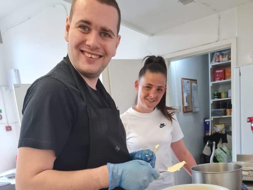 Jake with care home manager Sinead Fox