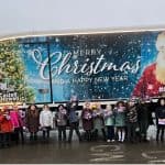 Pupils with Santa and the Castell Howell Foods Christmas truck