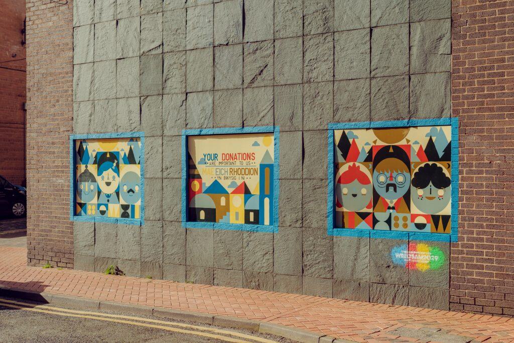 Art Trail Mural of Playful Characters in geometric art style