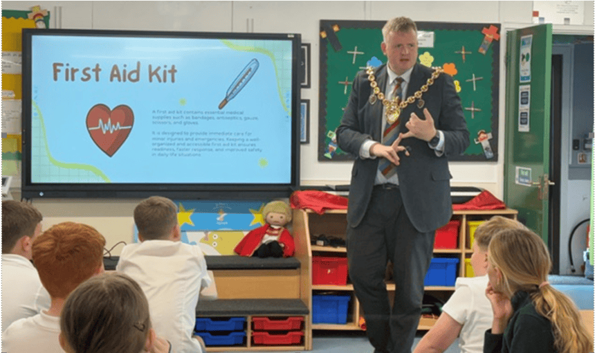 Mayor delivering first aid training to the pupils of St Paul's school