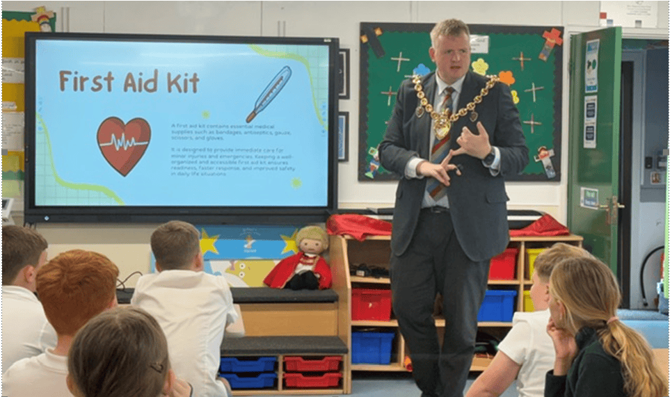 Mayor delivering first aid training to the pupils of St Paul's school